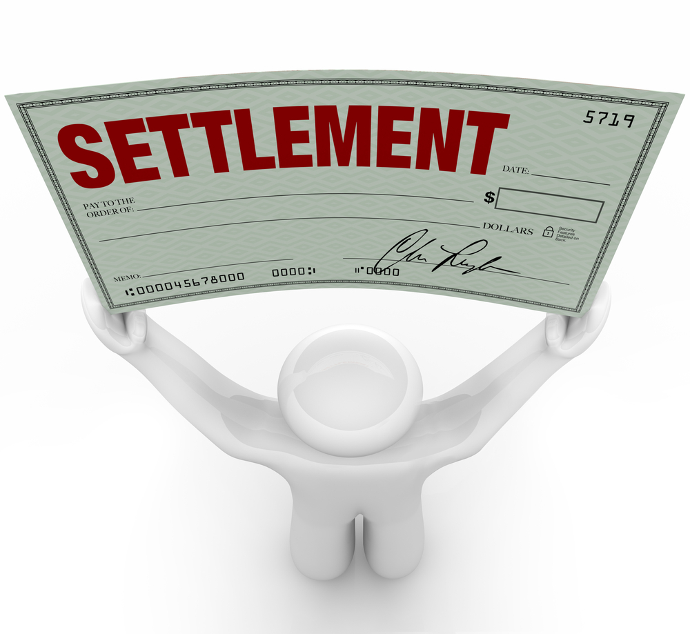 Illustration of a holding up a signs, representing a settlement agreement in a personal injury case.