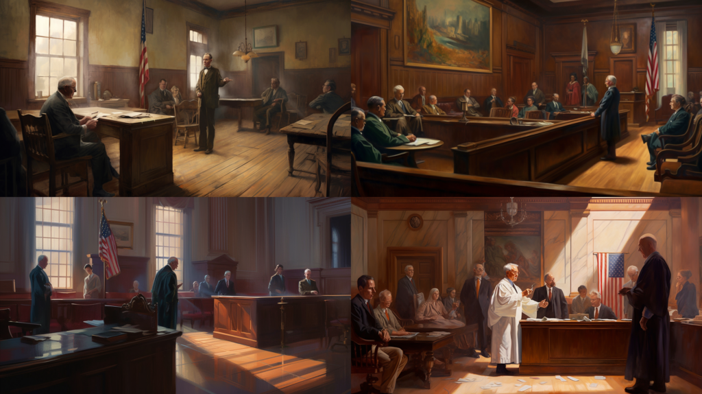 Understanding Medical Malpractice: What You Need to Know, a courtroom scene with a judge, lawyers, and a medical professional on the stand, wooden interiors with American flag in the background, atmosphere filled with tension and seriousness, Artwork, oil painting on canvas, --ar 16:9 --v 5.0