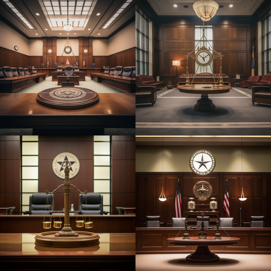 Graphic depicting a transition from a traditional courtroom in Houston to a calm mediation room, with symbols of time, savings, and mutual agreement emphasizing the benefits of settling outside of court.