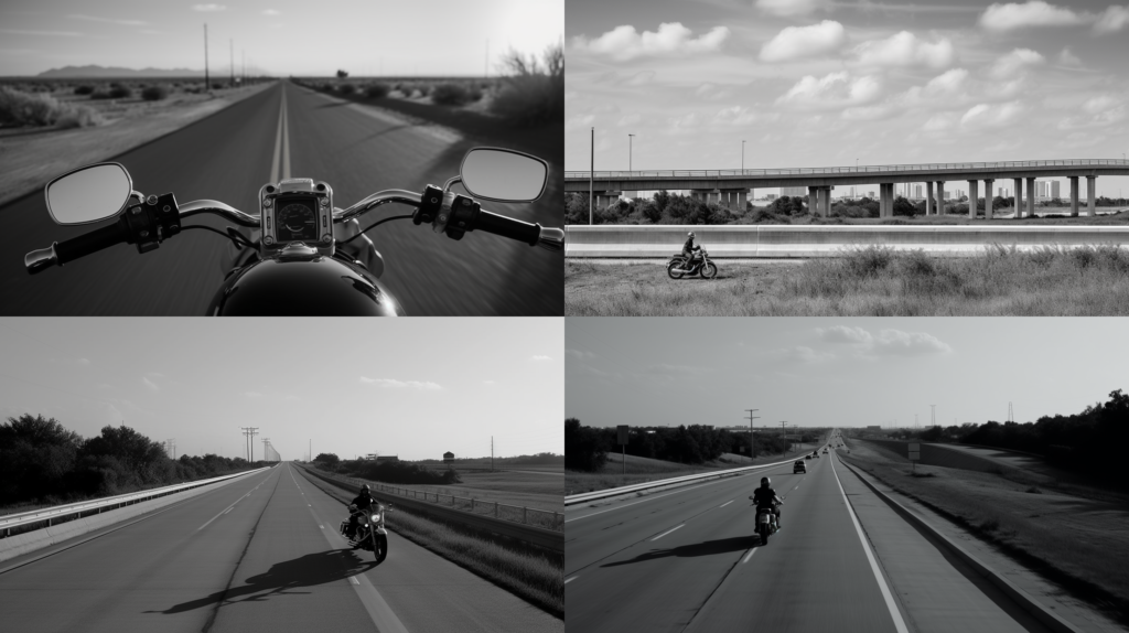 A dynamic scene of a motorcycle on I-10, showcasing a journey from the cool morning in Texas city streets to the hot afternoon in rural terrains, the changing landscapes reflecting the passage of time, Photography, shot in black and white for dramatic effect, 35mm lens, --ar 16:9 --v 5.0