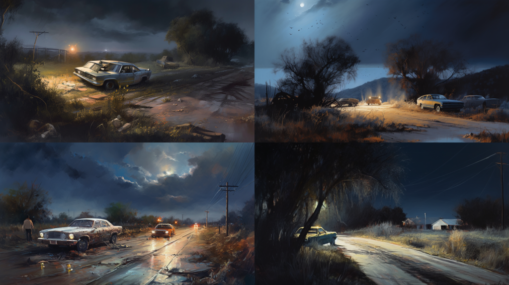 Personal Injuries from Auto Accidents in Texas: What You Need to Know, an intense representation of a nighttime collision on a rural Texas road, highlighting the isolation and severity of accidents in less populated areas, moonlit atmosphere casting long shadows, Painting, acrylic on textured canvas, --ar 16:9 --v 5.0 