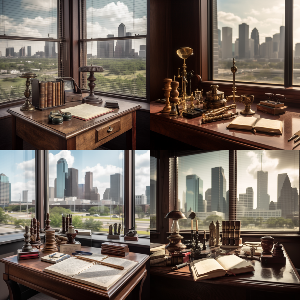 Your Legal Rights and Remedies for Personal Injury Cases in Houston, Texas, an array of legal documents, pens, and gavels on a polished wooden desk, the Houston skyline visible through the window, a feeling of focus and meticulousness, Sculpture, an intricate bronze and wood assembly, --ar 1:1 --v 5.0 -