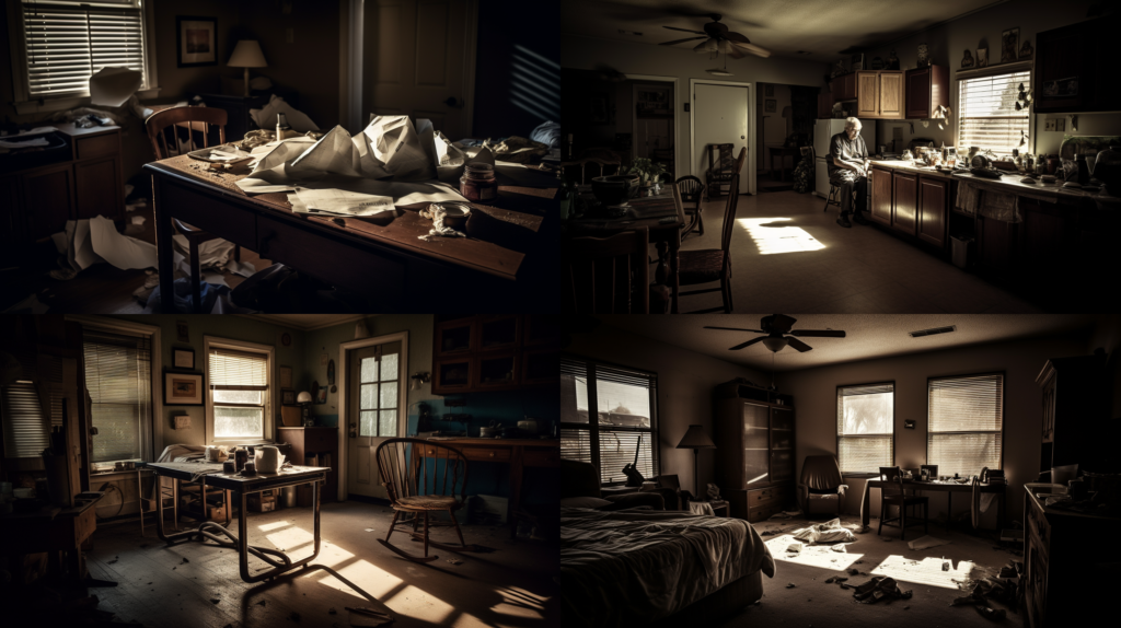A Texas personal injury victim's home, showing their hardships, medical bills, and emotional distress, dimly lit room, shadows accentuating the struggles, Documentary-style photography, wide-angle lens, --ar 16:9 --v 5.0 -