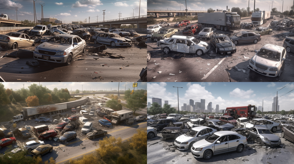 Personal Injuries from Auto Accidents in Texas: What You Need to Know, a detailed scene of a highway pile-up in broad daylight, emphasizing the chaotic aftermath, people assisting each other, a strong sense of community and resilience, Digital Art, created using a 3D modeling and rendering software with realistic textures, --ar 16:9 --v 5.0 