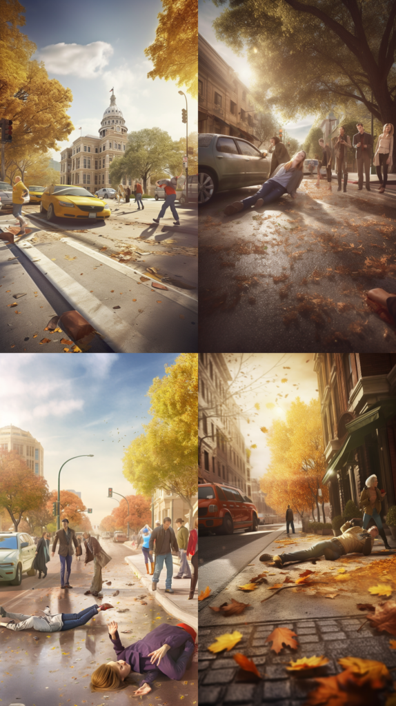 Slip and Fall Injuries in Texas: Your Legal Rights and Remedies, a person slipping at a poorly maintained public place with bystanders' reactions, vividly capturing the moment of the fall, busy Texas street setting, mixture of surprise and concern in the air, Digital Art, 3D rendering with realistic textures and lighting, --ar 9:16 --v 5.0