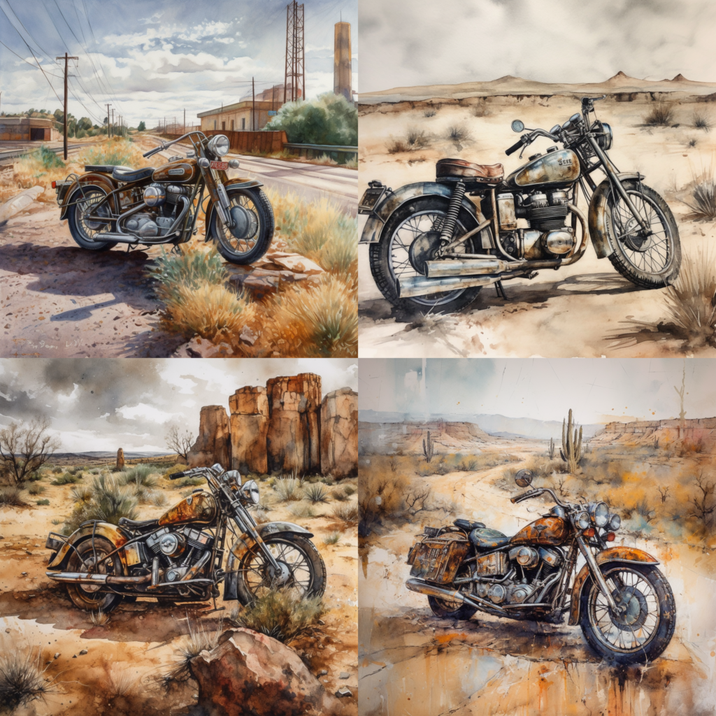 An artistic interpretation of a motorcycle journey along I-10, emphasizing the contrast between the cool metallic bike and the heat of Texas, scenes of desert landscapes and cityscapes blending seamlessly, a sense of adventure and exploration in the air, Painting, watercolor on textured paper, --ar 1:1 --v 5.0 