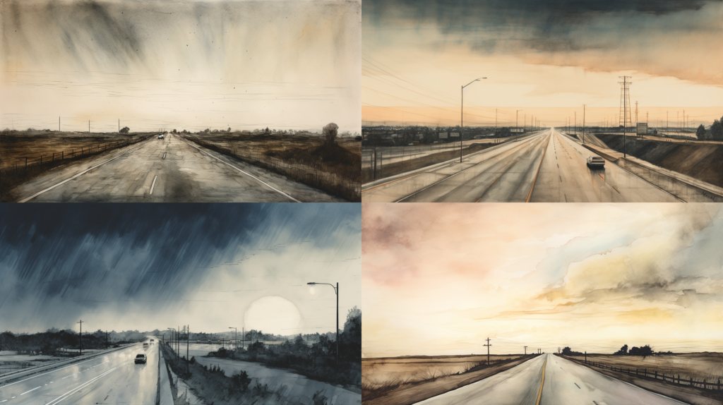 Personal Injuries from Auto Accidents in Texas: What You Need to Know, a serene yet somber depiction of an empty highway at dusk post-accident, subtle hints of the earlier turmoil, evoking a feeling of calm after the storm, Illustration, pencil and watercolor on paper, --ar 16:9 --v 5.0 