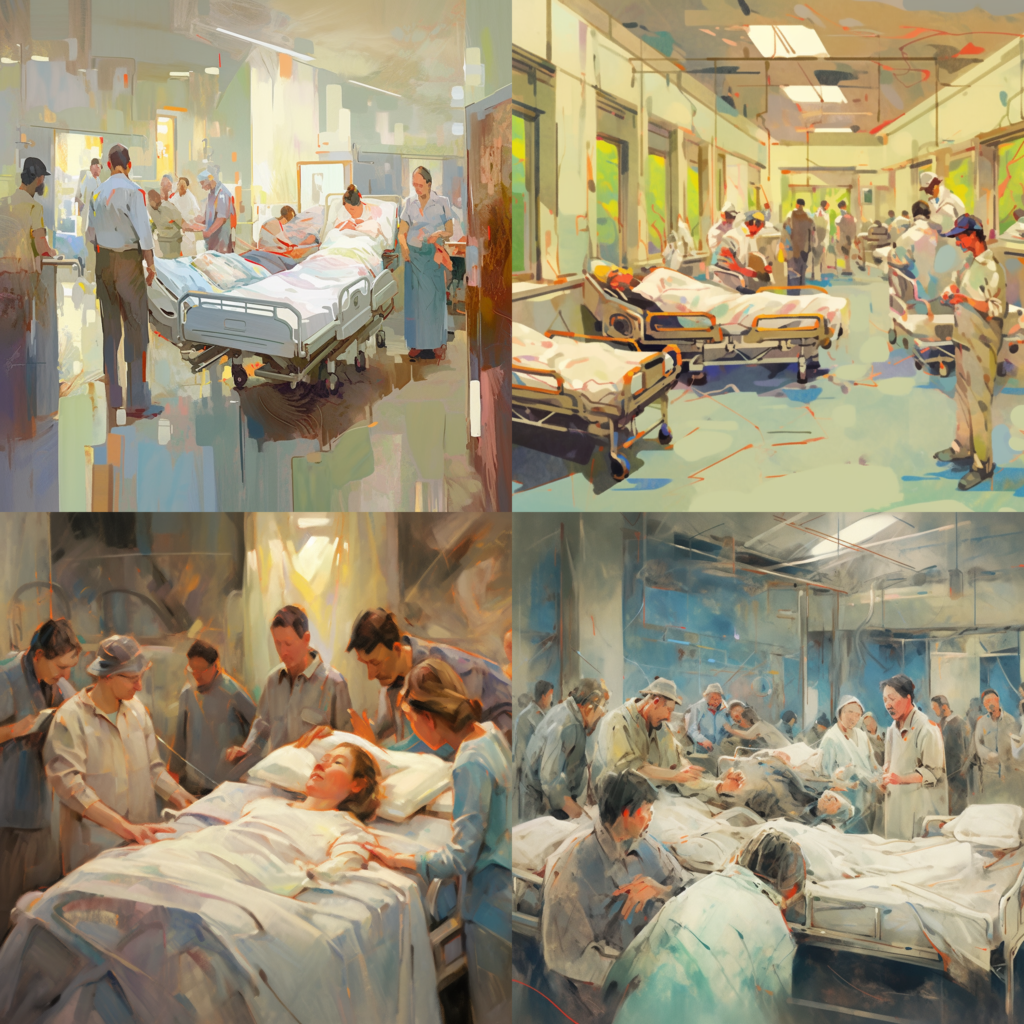 Slip and Fall Injuries in Texas: Your Legal Rights and Remedies, an individual in a hospital bed with legal documents, family members showing support, emotionally charged hospital room, expressions of worry and care, Painting, acrylic on canvas, employing soft and warm tones, --ar 1:1 --niji -