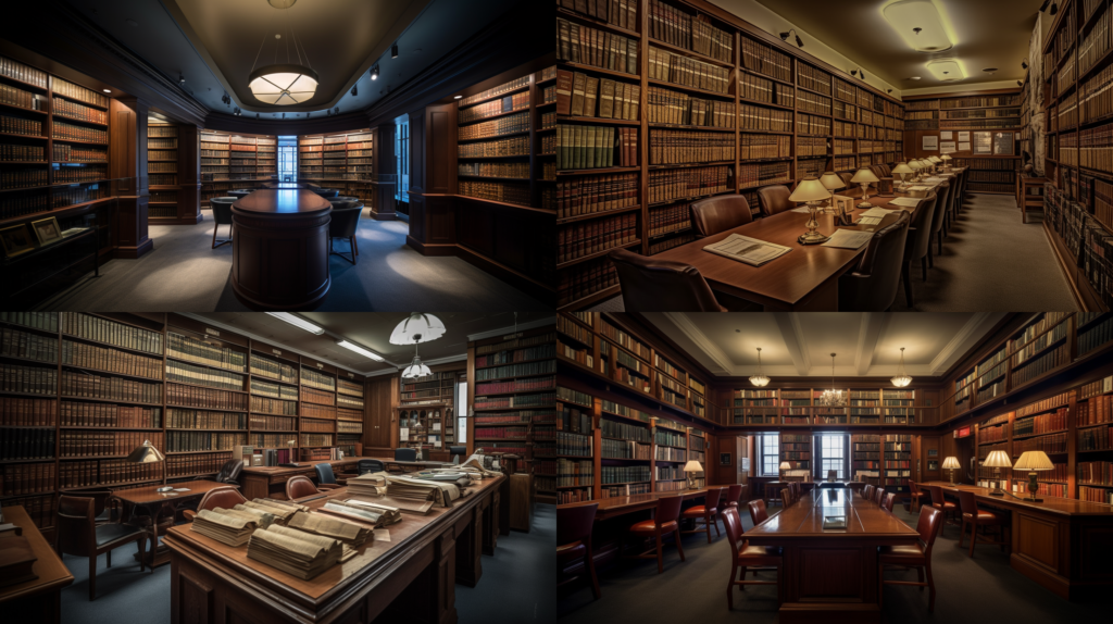 A grand law library in a historic building, bathed in warm sunlight streaming through stained glass windows, lawyers engrossed in studying Torts cases, a tranquil scholarly atmosphere, Photography with a wide-angle lens, --ar 16:9 --v 5.0 