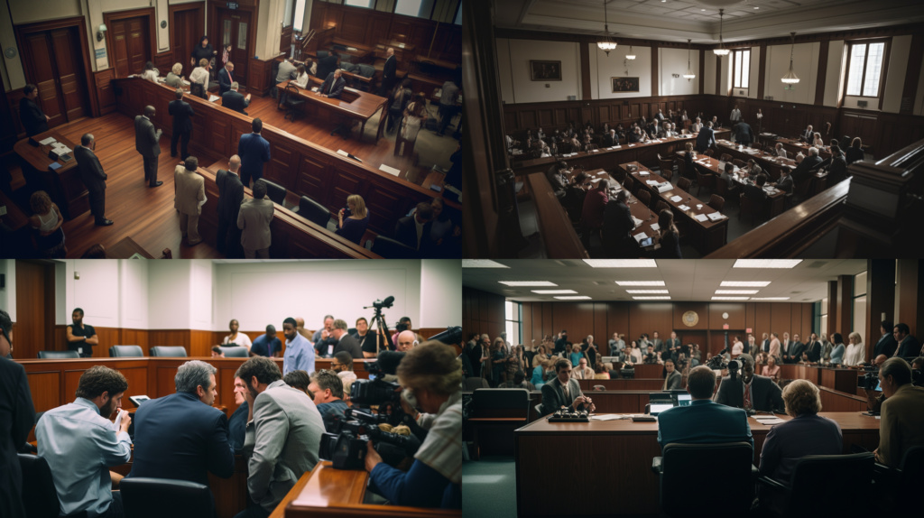 A courtroom scene in Texas, lawyers passionately arguing personal injury cases, jurors attentively listening, tension-filled atmosphere, legal documents scattered, Photography with a DSLR camera using a 50mm lens, --ar 16:9 --v 5.0 