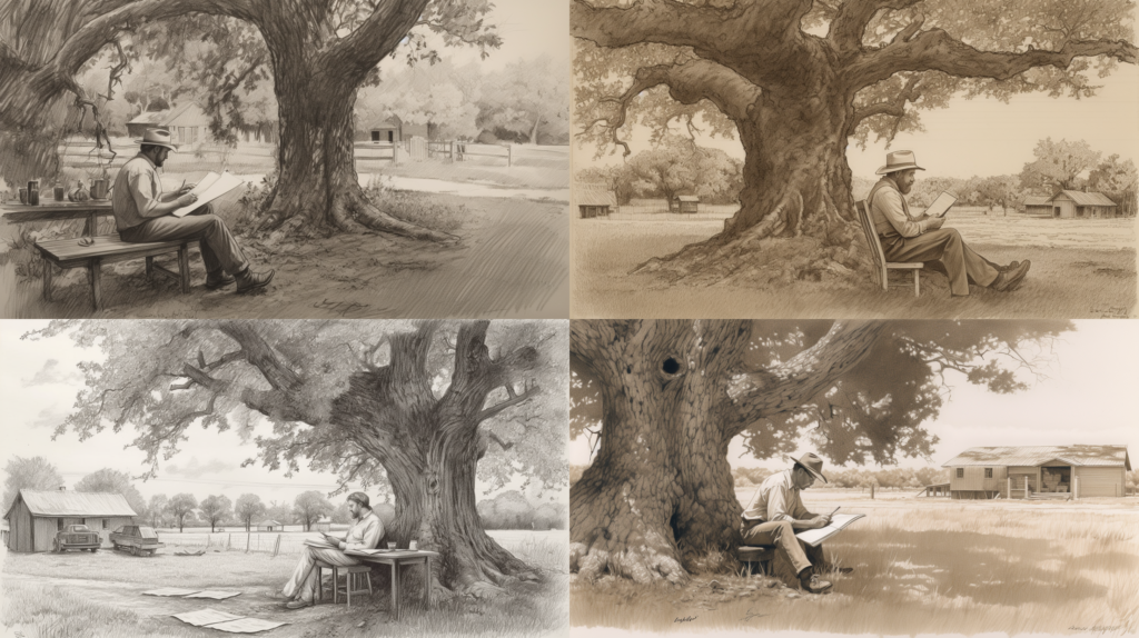 A tranquil Texan countryside, a lawyer reviewing documents under a tree, contemplating the complexities of liability laws, conveying a sense of reflection and thoughtfulness, Sketch, pencil on textured paper, --ar 16:9 --v 5.0 