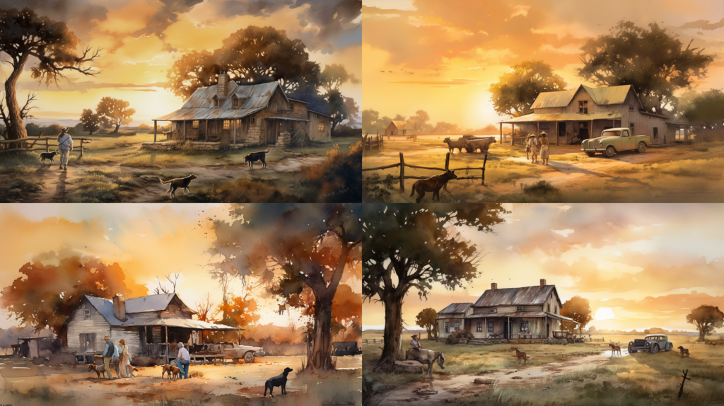 A serene Texan ranch at sunset, a family comforting a victim of a dog bite, warm and compassionate atmosphere, emphasizing the support and healing process, Painting, watercolors on textured paper, --ar 16:9 --v 5.0