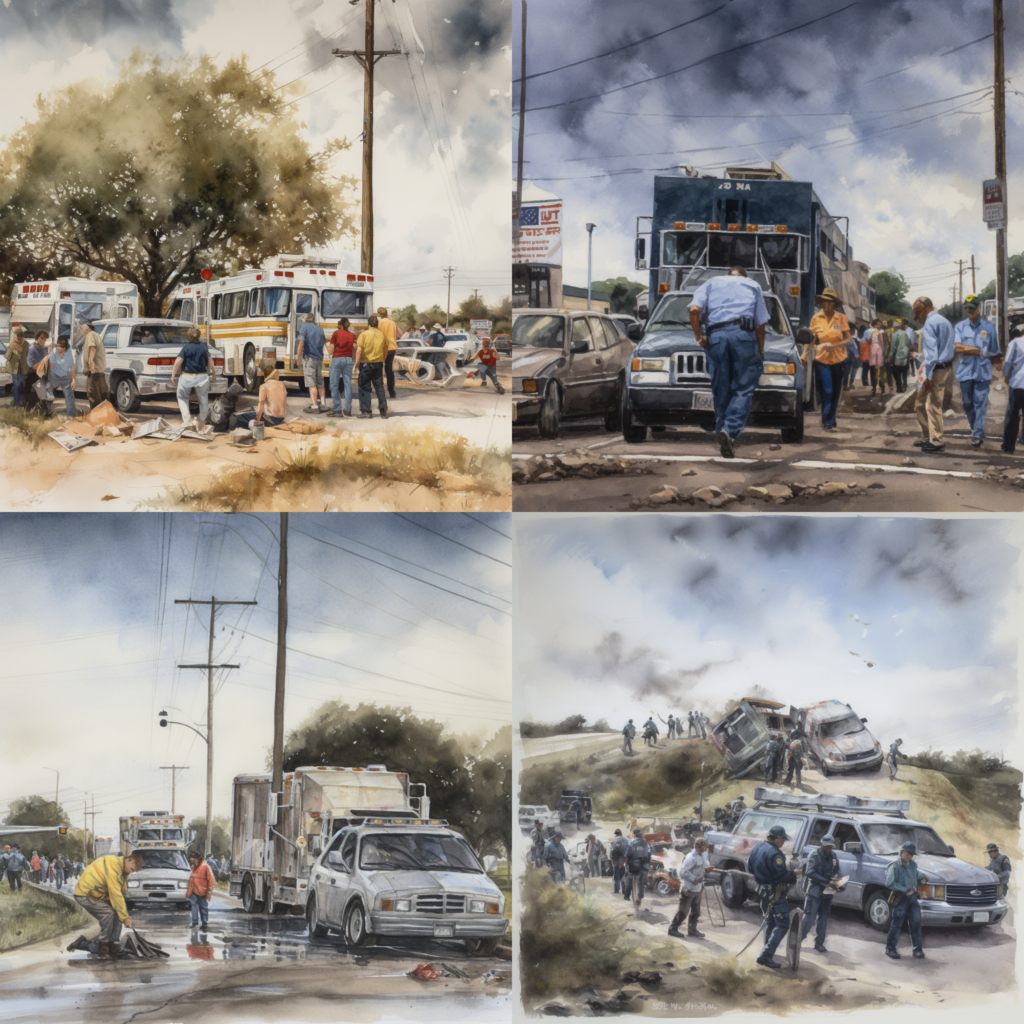 Pedestrian Accidents: Seeking Compensation in Texas, an intense portrayal of a Texan roadside accident scene, emergency vehicles and concerned onlookers, conveying a somber and anxious mood, Painting, watercolor on textured paper, --ar 1:1 --v 5.0 
