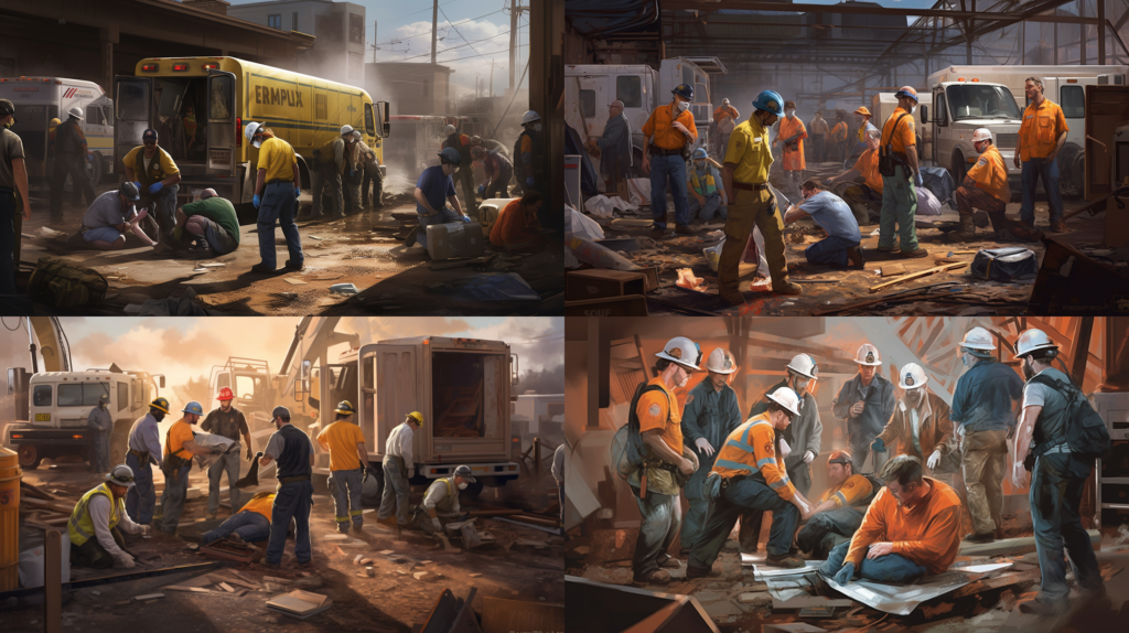 Texas Workers’ Compensation: What to Do After a Workplace Injury, a bustling construction site scene post-accident, workers and paramedics tending to the injured, vivid portrayal of emergency response and concern among colleagues, atmosphere of urgency and care, Illustration, digital painting in Adobe Photoshop, --ar 16:9 --v 5.0
