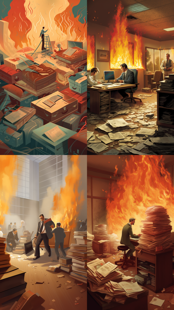 Legal challenges for burn injury victims in Texas, an office setting with lawyers strategizing, stacks of case files, a mood of urgency and commitment to justice, Illustration, digital art with detailed character design, --ar 9:16 --v 5.0 