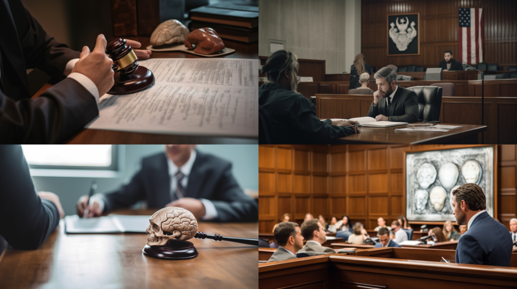 Brain Injuries: Legal Support and Compensation in Texas, a courtroom scene with a lawyer presenting a brain injury case, detailed portrayal of legal documents, courtroom audience, and a judge, emphasizing the seriousness of the case and the gravity of the situation, Photography, shot with a Canon EOS 5D Mark IV, 50mm lens, --ar 16:9 --v 5.0 -