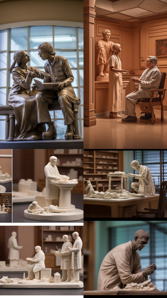 Understanding Medical Malpractice in Texas, a serene hospital setting with a patient and doctor discussing treatment options, warm, comforting colors creating a hopeful atmosphere, Sculpture, clay modeling with realistic detailing, --ar 9:16 --v 5.0
