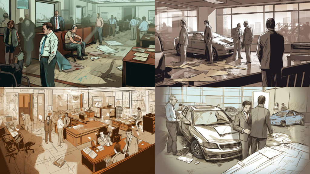 Pedestrian Accidents: Seeking Compensation in Texas, an intricate depiction of a legal consultation in a Texas law office post-accident, organized yet tense environment, highlighting the legal process and client's distress, Illustration, digital art with fine line details, --ar 16:9 --v 5.0