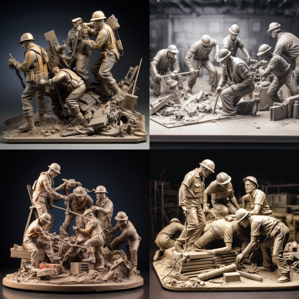Texas Workers’ Compensation: What to Do After a Workplace Injury, an industrial factory floor with a worker injured by machinery, co-workers and supervisors rushing to help, a mix of panic and prompt action, conveying a sense of immediacy and teamwork, Sculpture, mixed-media with clay and metal elements, --ar 1:1 --v 5.0