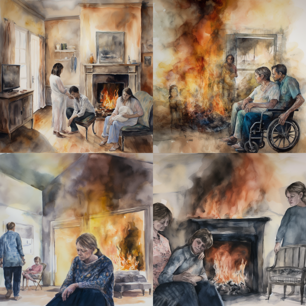 Exploration of legal rights for burn injury victims in Texas, an intimate home setting showing a victim with family, emotional support and medical care, highlighting personal struggles and family bonds, Painting, watercolor on textured paper, --ar 1:1 --v 5.0