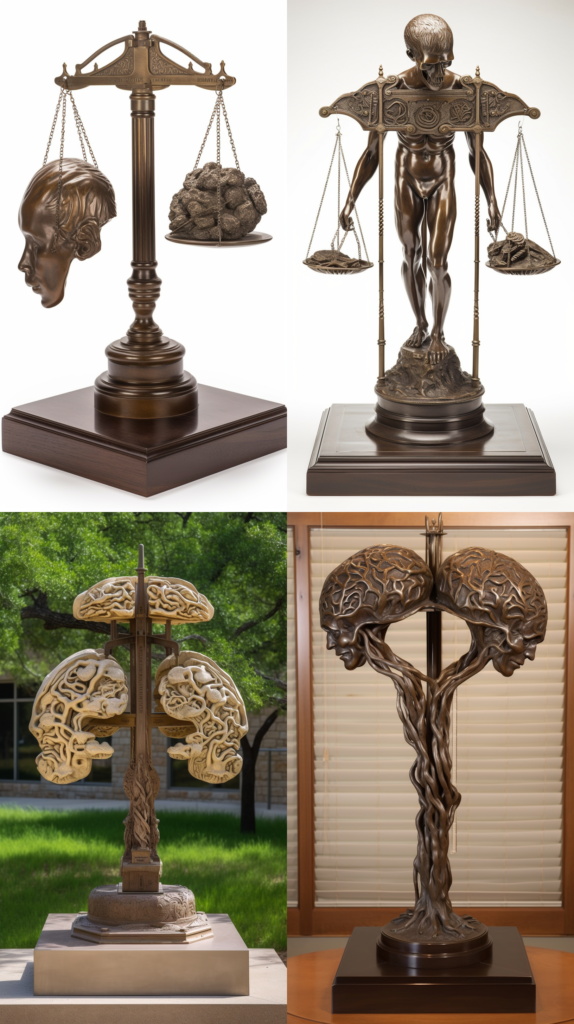 Brain Injuries: Legal Support and Compensation in Texas, a symbolic representation of justice scales, brain injury on one side, compensation money on the other, highlighting the ethical dilemma and emotional weight of the situation, Sculpture, bronze casting with intricate detailing, --ar 9:16 --v 5.0
