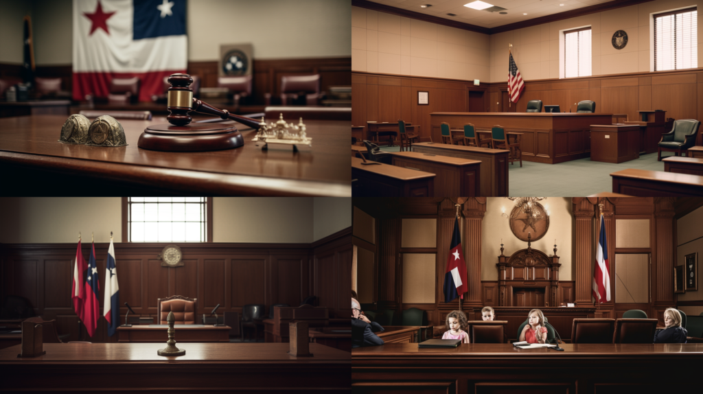Child Injury Claims in Texas: What Parents Should Know, a detailed courtroom scene with parents and lawyers, a Texas courtroom with state flags and symbols, tension and concern prevalent among the participants, Photography, DSLR camera with a 50mm lens, --ar 16:9 --v 5.0