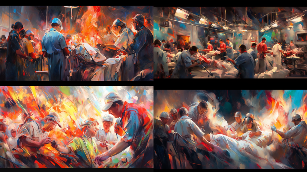 Understanding Medical Malpractice in Texas, a dramatic painting of a medical emergency, doctors and nurses working frantically, intense expressions, spotlighting the critical moments in healthcare, Painting, acrylic on canvas using bold strokes and vibrant colors, --ar 16:9 --niji 