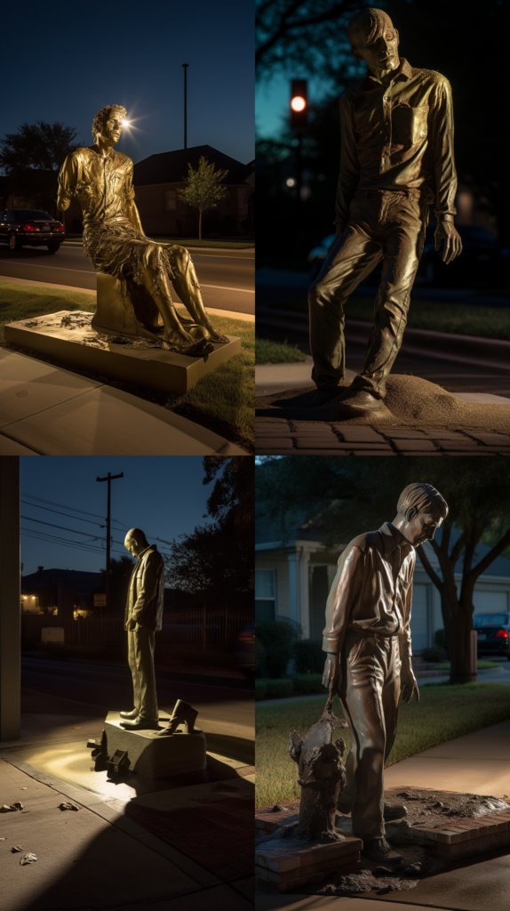 Pedestrian Accidents: Seeking Compensation in Texas, a vivid display of a pedestrian accident in a suburban Texas street, evening setting with dramatic shadows, emphasizing the unexpected nature of the accident, Sculpture, bronze casting with detailed texturing, --ar 9:16 --v 5.0