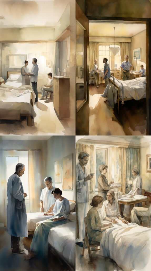 Texas Workers’ Compensation: What to Do After a Workplace Injury, a serene hospital room with a worker recovering, family members at bedside offering support, a peaceful yet somber mood, reflecting recovery and family bonds, Artwork, watercolor painting on textured paper, --ar 9:16 --v 5.0