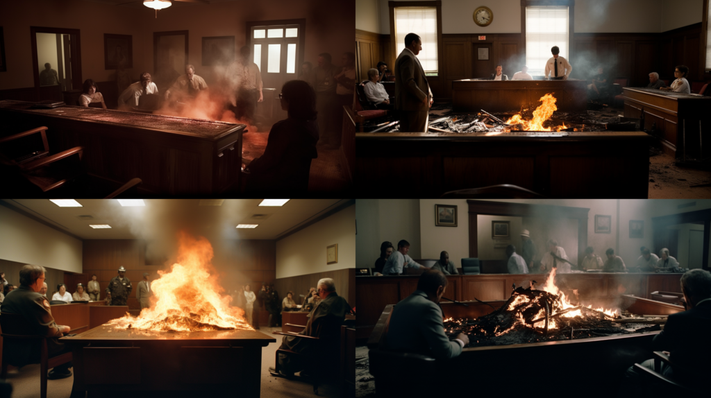 Legal rights and compensation complexities for burn injury victims in Texas, a courtroom scene with detailed legal documents, plaintiffs and defendants, focused expressions of determination and concern, Photography, high-resolution digital camera with a 50mm lens, --ar 16:9 --v 5.0 