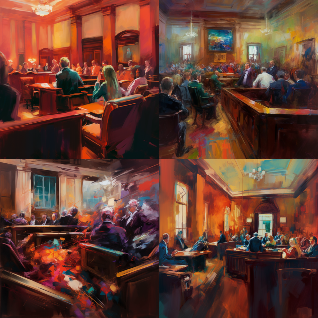 Understanding Product Liability for Personal Injuries in Texas, a painting of a Texas courtroom scene, showing a tense moment in a product liability trial, rich colors highlighting the emotions of the involved parties, Painting, acrylic on canvas, impressionistic style, --ar 1:1 --v 5.0 