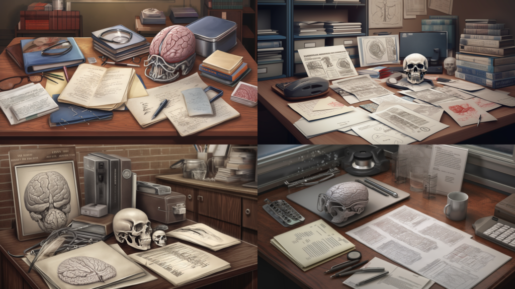 Brain Injuries: Legal Support and Compensation in Texas, a lawyer's office filled with case files and medical reports on brain injuries, emphasizing the complexity of such cases and the dedication required for them, Illustration, digital art in a realistic style, --ar 16:9 --v 5.0 