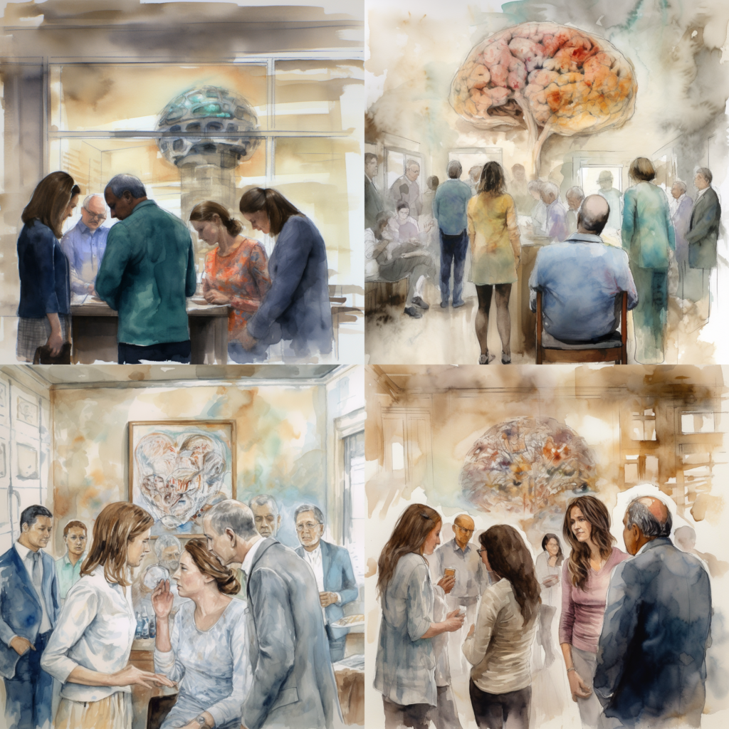 Brain Injuries: Legal Support and Compensation in Texas, an emotional family gathering in a hospital room, showing a family around a loved one with a brain injury, conveying the impact on the family and their hope for justice, Painting, watercolor on textured paper, --ar 1:1 --v 5.0 -