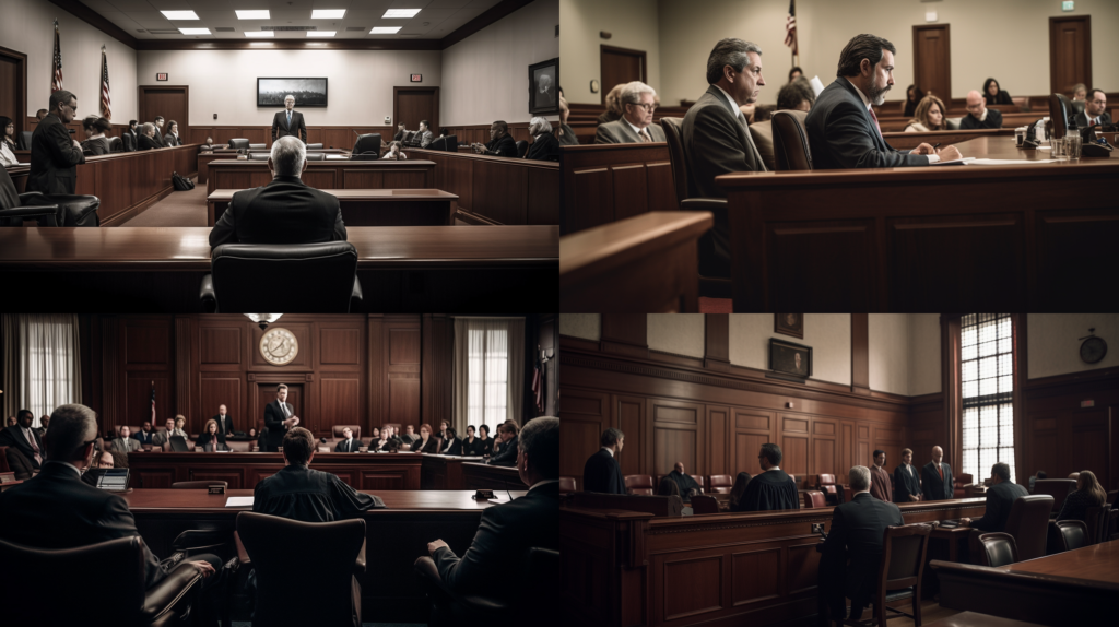Understanding Medical Malpractice in Texas, a courtroom scene with a tense trial underway, jurors focused, a defendant doctor, and plaintiff side by side, reflecting the gravity and complexity of medical malpractice cases, Photography, high-resolution digital camera with a 50mm lens, --ar 16:9 --v 5.0