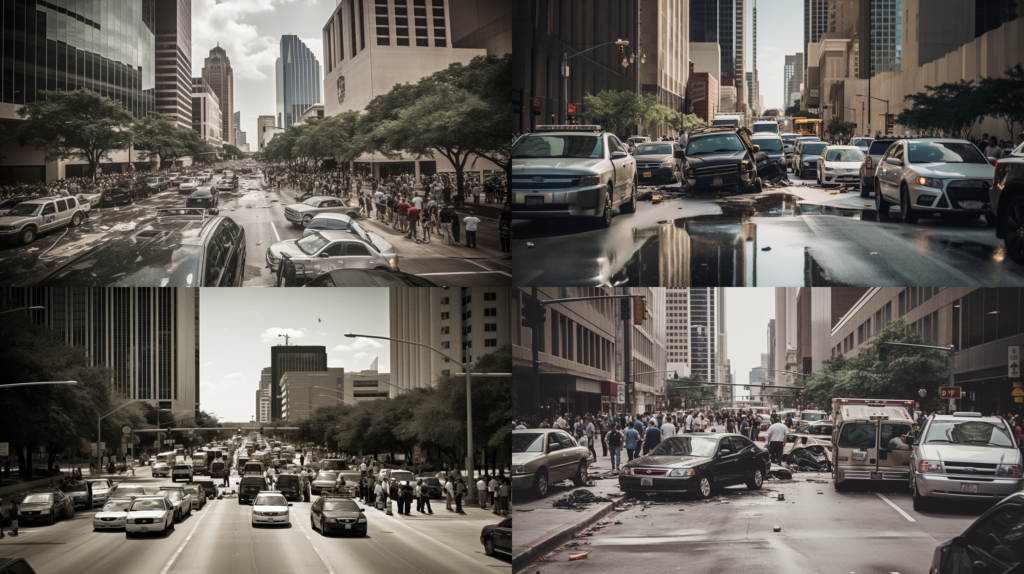 Pedestrian Accidents: Seeking Compensation in Texas, a striking scene of a crowded Texas street with pedestrians and vehicles, bustling cityscape with towering skyscrapers, reflecting the chaos and urgency post-accident, Photography, digital photography using a DSLR with a 50mm lens, --ar 16:9 --v 5.0