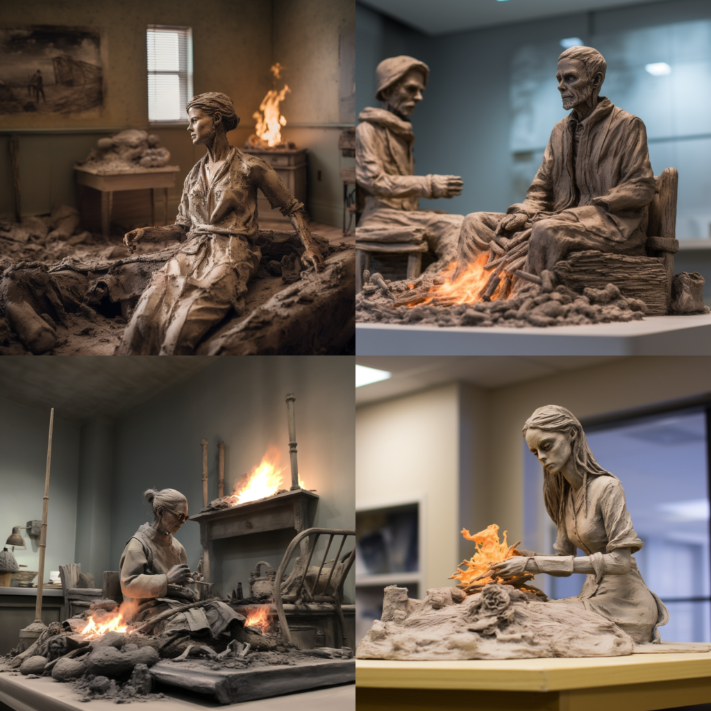 The journey of burn injury victims seeking legal redress in Texas, a hospital room with medical staff, patient reflecting on their rights, a serene yet poignant atmosphere, Sculpture, clay modeling with realistic textures, --ar 1:1 --v 5.0