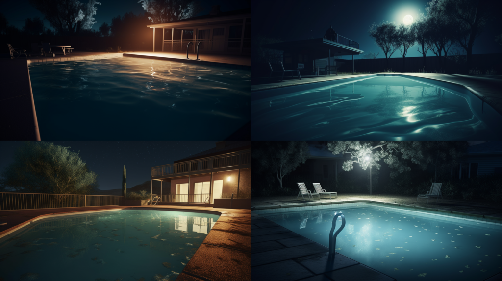 Drowning and Swimming Pool Accidents: Texas Liability Explained, an empty pool at night with floating safety equipment, eerie silence surrounding the scene, moonlit water casting long shadows, Digital Art, rendered using advanced 3D software, --ar 16:9 --v 5.0