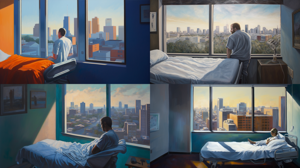 Understanding Your Rights: Navigating Work Injuries in Houston, an injured worker in a hospital room looking out towards Houston's skyline, hopeful yet contemplative mood, highlighting the journey of recovery and justice, Painting, acrylic on canvas with emphasis on light and shadow interplay, --ar 16:9 --v 5.0