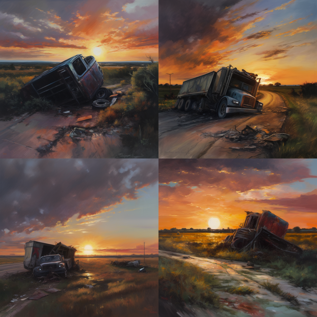 Truck Accidents in Texas: Causes and Legal Remedies, an intense depiction of a truck overturned on a rural Texas road, sun setting over the open plains, evoking a sense of isolation and impending danger, Painting, acrylics on canvas, --ar 1:1 --v 5.0 - 