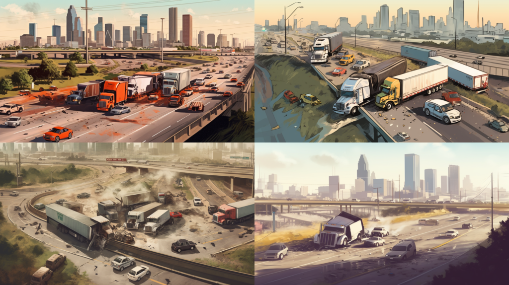 Truck Accidents in Texas: Causes and Legal Remedies, an aerial view of a major truck accident on an interstate near Houston, the sprawling cityscape in the background, conveying the scale of the incident and its impact on city life, Illustration, digital art in a realistic style, --ar 16:9 --v 5.0 