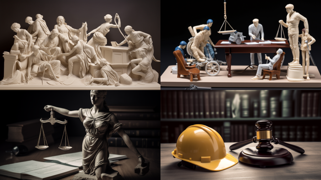 Understanding Your Rights: Navigating Work Injuries in Houston, a courtroom scene in Houston with a judge, jury, and a diverse group of workers testifying, the tension of a legal battle, conveying the gravity and impact of workplace injuries, Sculpture, clay modeling with realistic proportions and expressions, --ar 16:9 --v 5.0