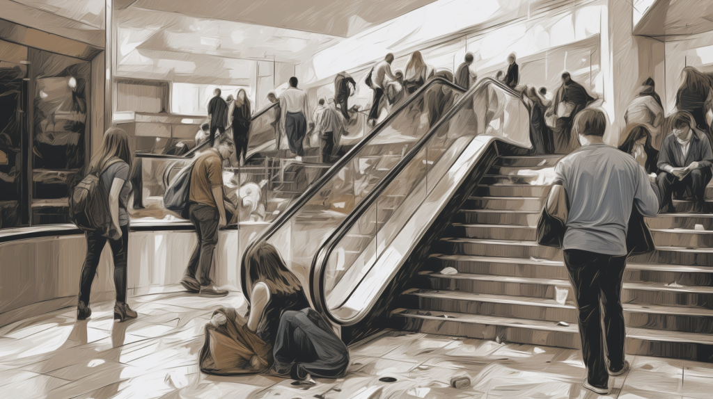 Understanding Houston Slip and Fall Accidents: A Comprehensive Guide, a close-up of a slip and fall accident in a busy Houston mall, bystanders' reactions ranging from concern to indifference, conveying the suddenness and impact of such incidents, Painting, watercolor on textured paper, --ar 16:9 --v 5.0 -