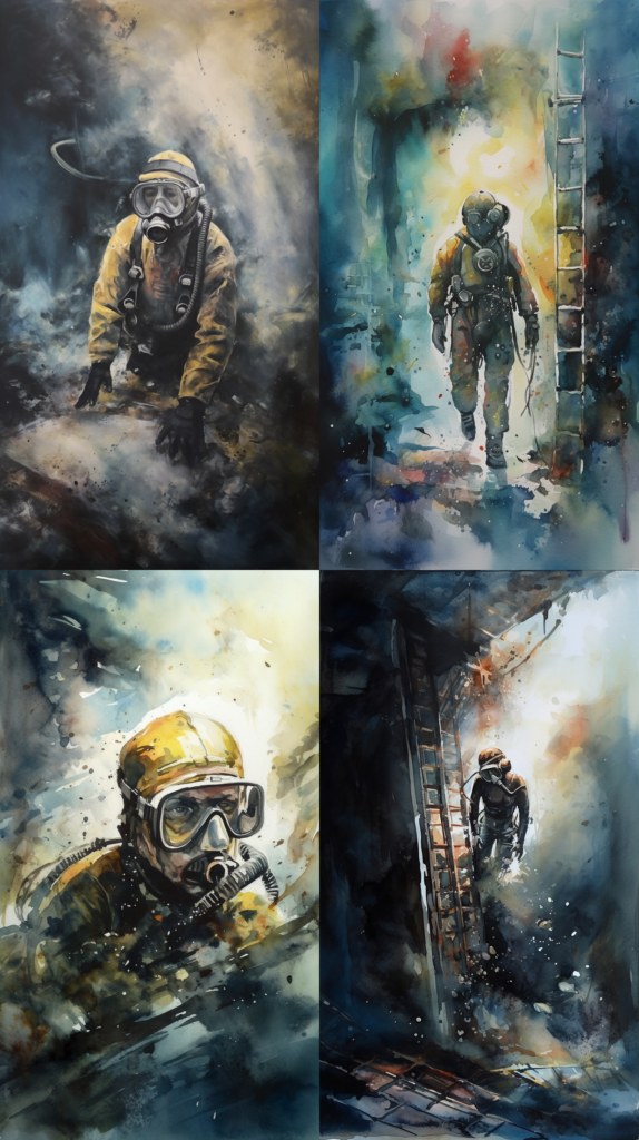 Understanding Maritime Injuries, a diver exploring a sunken ship, mysterious and eerie underwater world, a sense of discovery and danger, Painting, watercolor techniques with a focus on light and shadow, --ar 9:16 --v 5.0