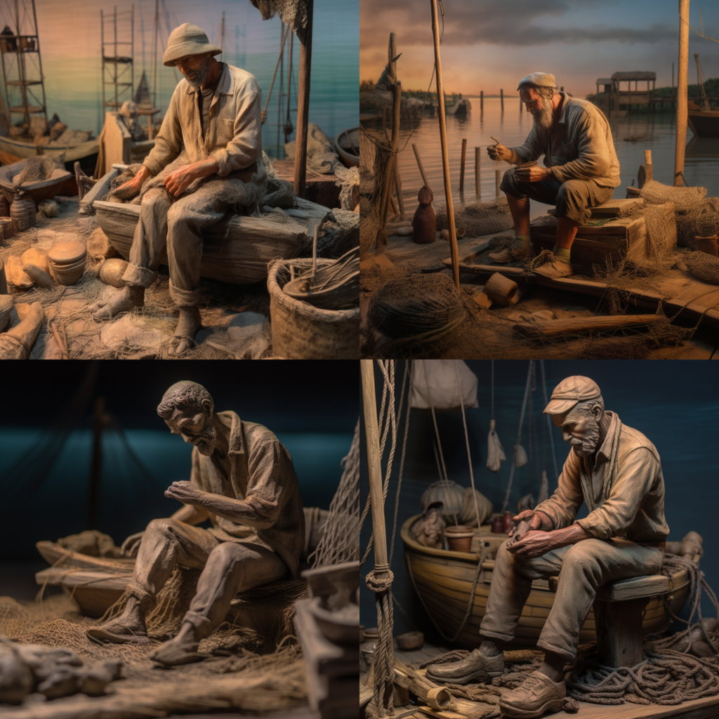 Understanding Maritime Injuries, a fisherman repairing nets on a serene morning, peaceful harbor with the first light of dawn, evoking calmness and routine, Sculpture, clay modeling with detailed textures and lifelike expressions, --ar 1:1 --v 5.0