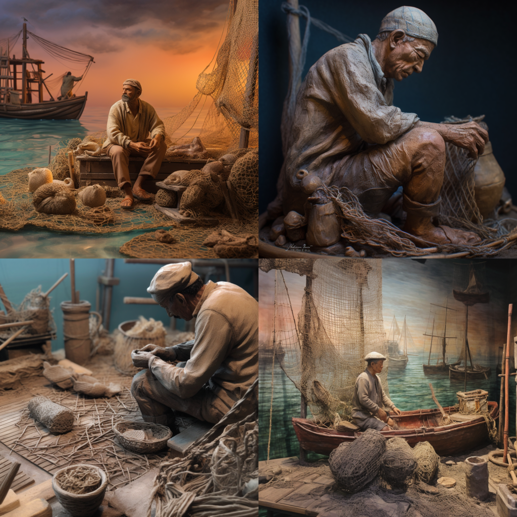 Understanding Maritime Injuries, a fisherman repairing nets on a serene morning, peaceful harbor with the first light of dawn, evoking calmness and routine, Sculpture, clay modeling with detailed textures and lifelike expressions, --ar 1:1 --v 5.0