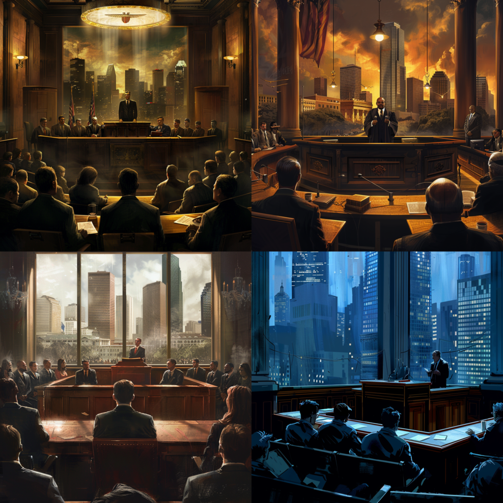 Understanding the Importance of Hiring a Houston Maritime Attorney for Your Case, a dramatized courtroom scene with the attorney passionately addressing the judge and jury, Houston's cityscape in the background, focusing on the high stakes of maritime cases, the courtroom filled with tension and anticipation, intense emotional atmosphere, Illustration, digital art, --ar 1:1 