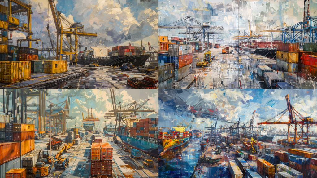 Understanding the Importance of Hiring a Houston Maritime Attorney for Your Case, a busy Houston port with shipping containers and large ships, attorney standing prominently overseeing the port, conveying expertise in maritime law, dynamic port environment bustling with workers and machinery, atmosphere of industriousness and legal oversight, Painting, acrylic on canvas, --ar 16:9