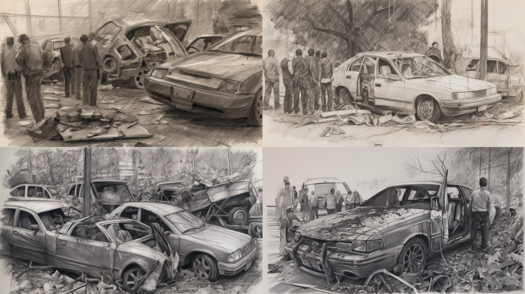 Auto Accidents in Houston: Understanding Your Rights and Seeking Compensation, a close-up of a damaged vehicle in Houston with concerned bystanders, focus on intricate damage details and expressions of the people, a tense and empathetic ambiance, Sketch, charcoal and graphite on paper, --ar 16:9 --v 5.0 