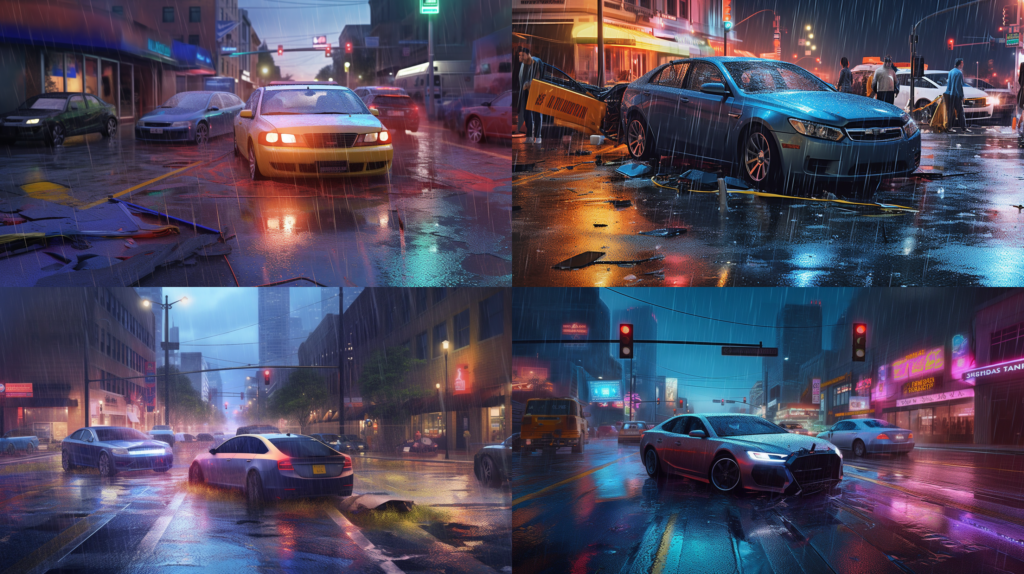 Auto Accidents in Houston: Understanding Your Rights and Seeking Compensation, an intricate depiction of a rain-drenched Houston street with a car crash, neon lights reflecting on wet pavement, a chaotic yet captivating atmosphere, Digital Art, created with 3D modeling software, --ar 16:9 --v 5.0 