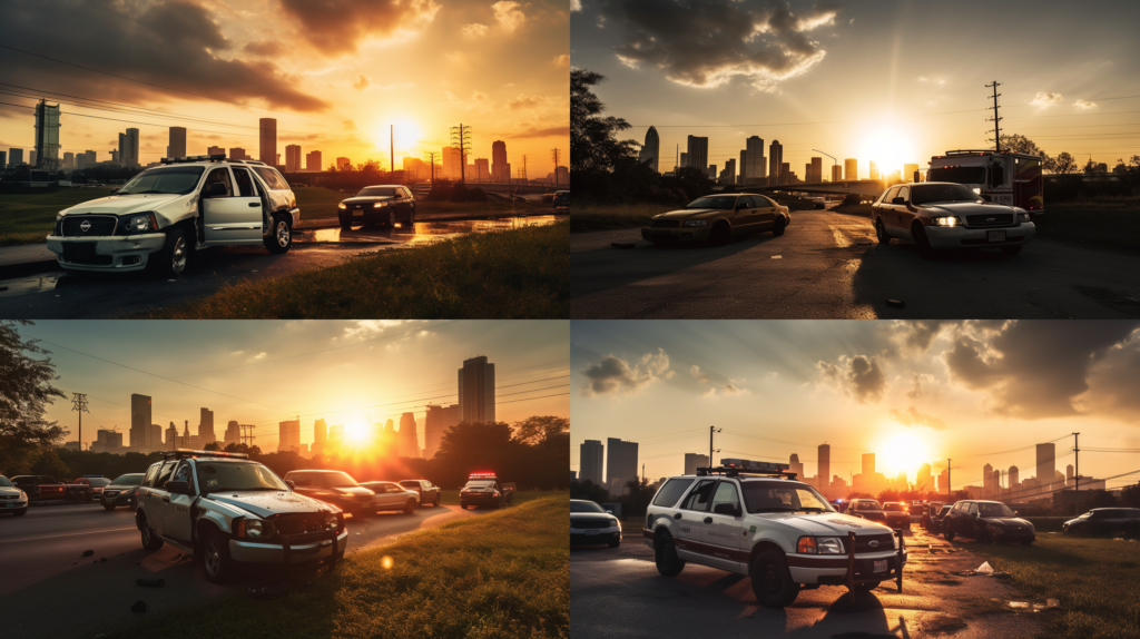 Auto Accidents in Houston: Understanding Your Rights and Seeking Compensation, a detailed representation of a car accident aftermath in Houston with police and ambulance present, the sun setting behind the city skyline, a somber and reflective mood, Photography, using a DSLR camera with a 50mm lens, --ar 16:9 --v 5.0